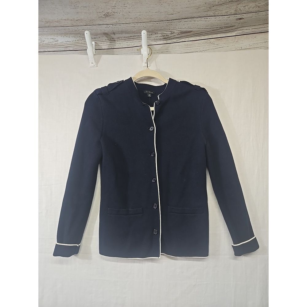 Talbots Navy Blue Button Up Cardigan White Trim Women's XS Epaulettes‎ Cotton